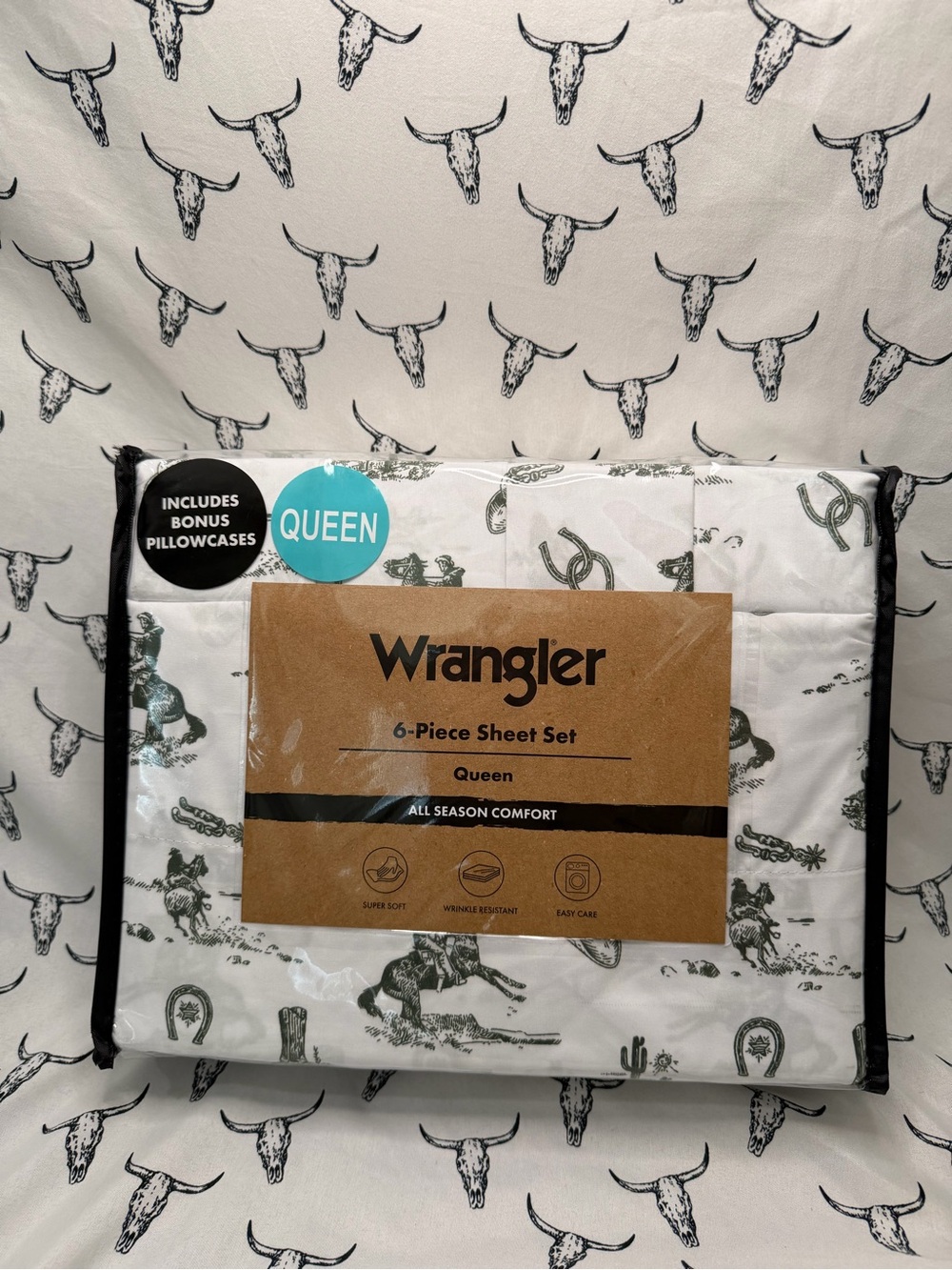 Wrangler White Sheet Set with Green Western Motif